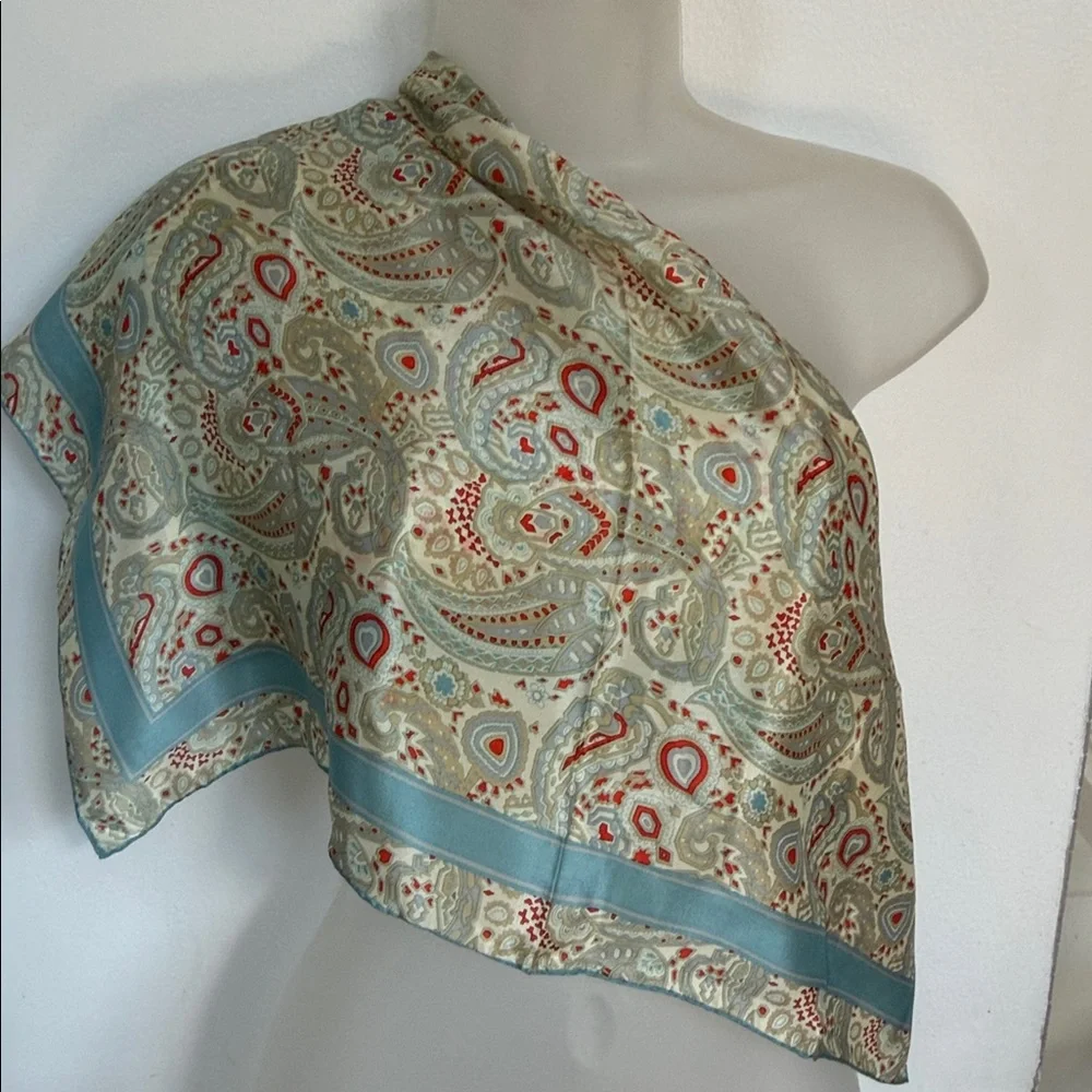 Vintage 100% Silk Paisley Scarf - Blue & Crimson - Hand Rolled Edges - Picture 11 of 13